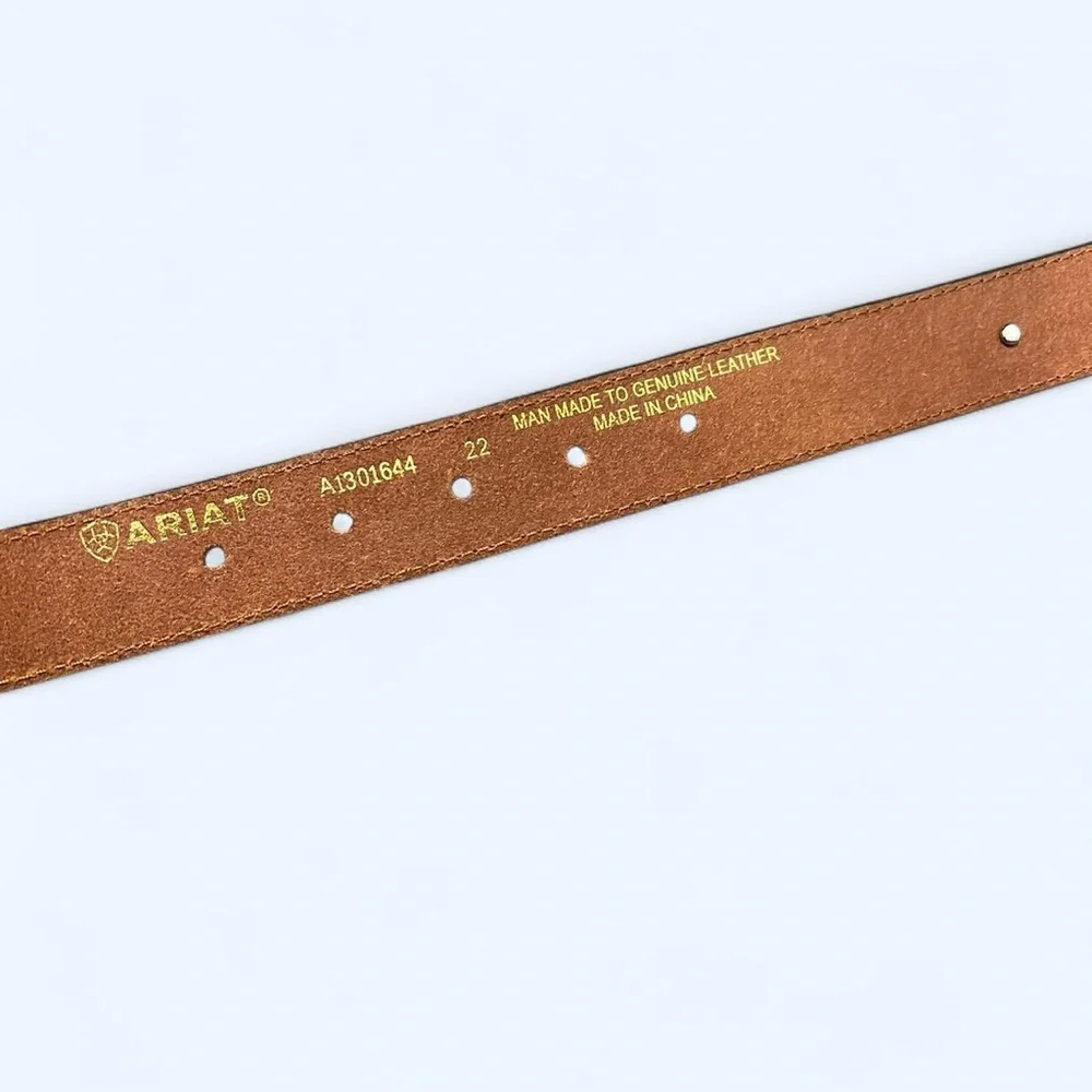 Ariat Brown Leather Floral Embroidered Belt w Large Silver Rhinestone Buckle